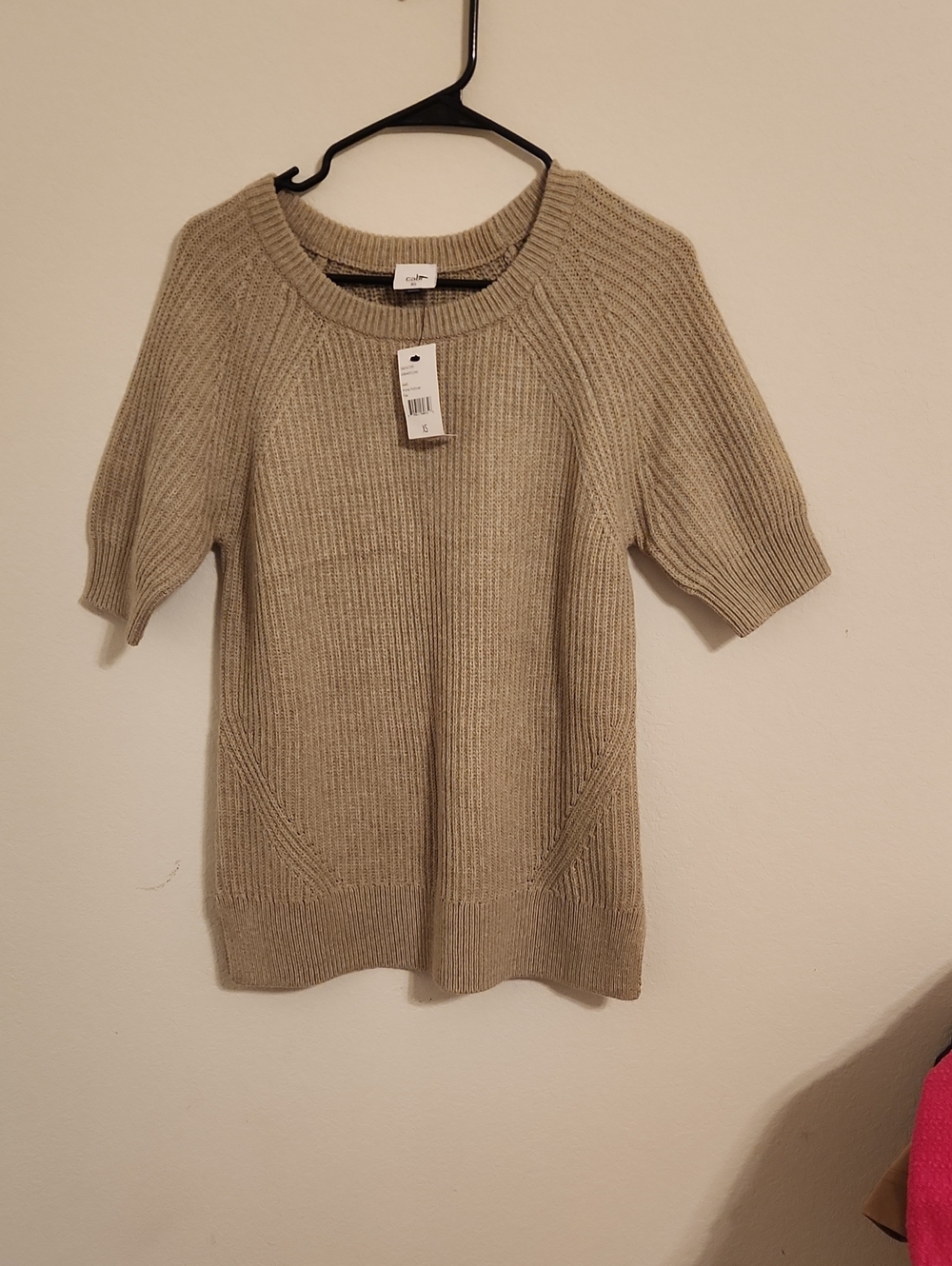 CAbi Short-Sleeve Ribbed Crewneck Sweater in Taupe